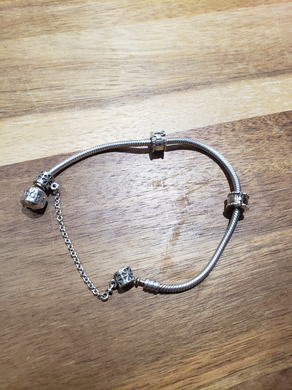 Sterling Silver Pandora Charm Bracelet - With Safety Clasp and 2 Spacers